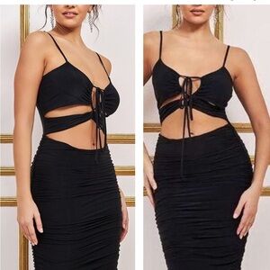 ANTHROPOLOGIE Cut Out Ruched Bodycon Black Party Date Night Dress Size Small